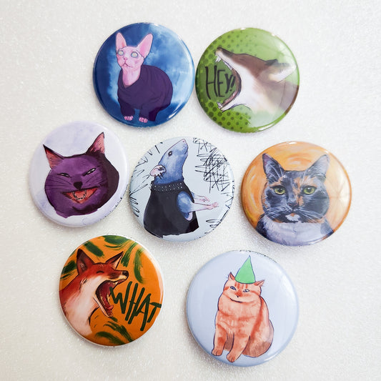 Exclusive Artwork Pinback Buttons, Rachel Collection, 1.5" Buttons, Cats Rats and Foxes Oh My