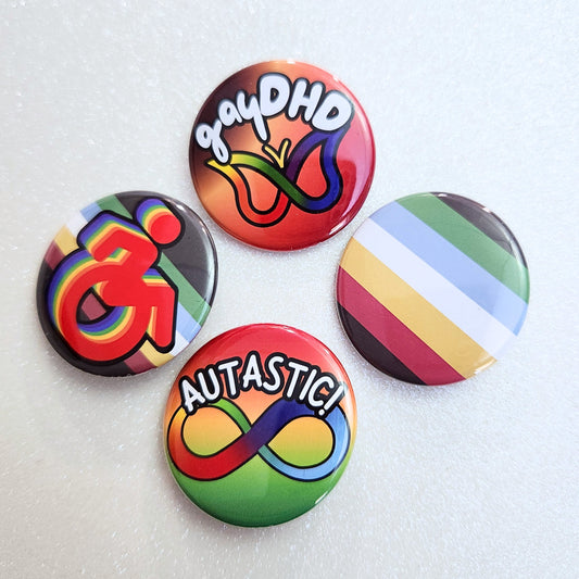 Disability Pride Pinback Buttons, 1.5" Buttons, Autastic, GayDHD, Disability Flag, Wheelchair Zoomies