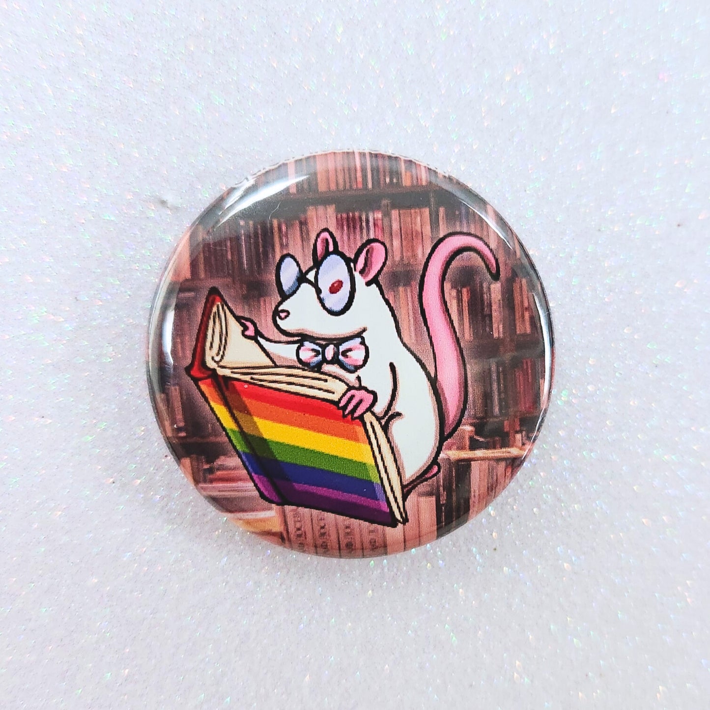 Library Rat Pinback Button, Queer Rat with Rainbow Book and Trans Bowtie
