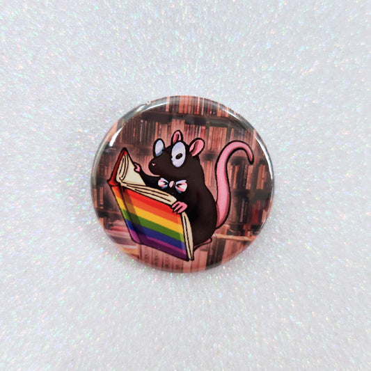 Library Rat Pinback Button, Queer Rat with Rainbow Book and Trans Bowtie
