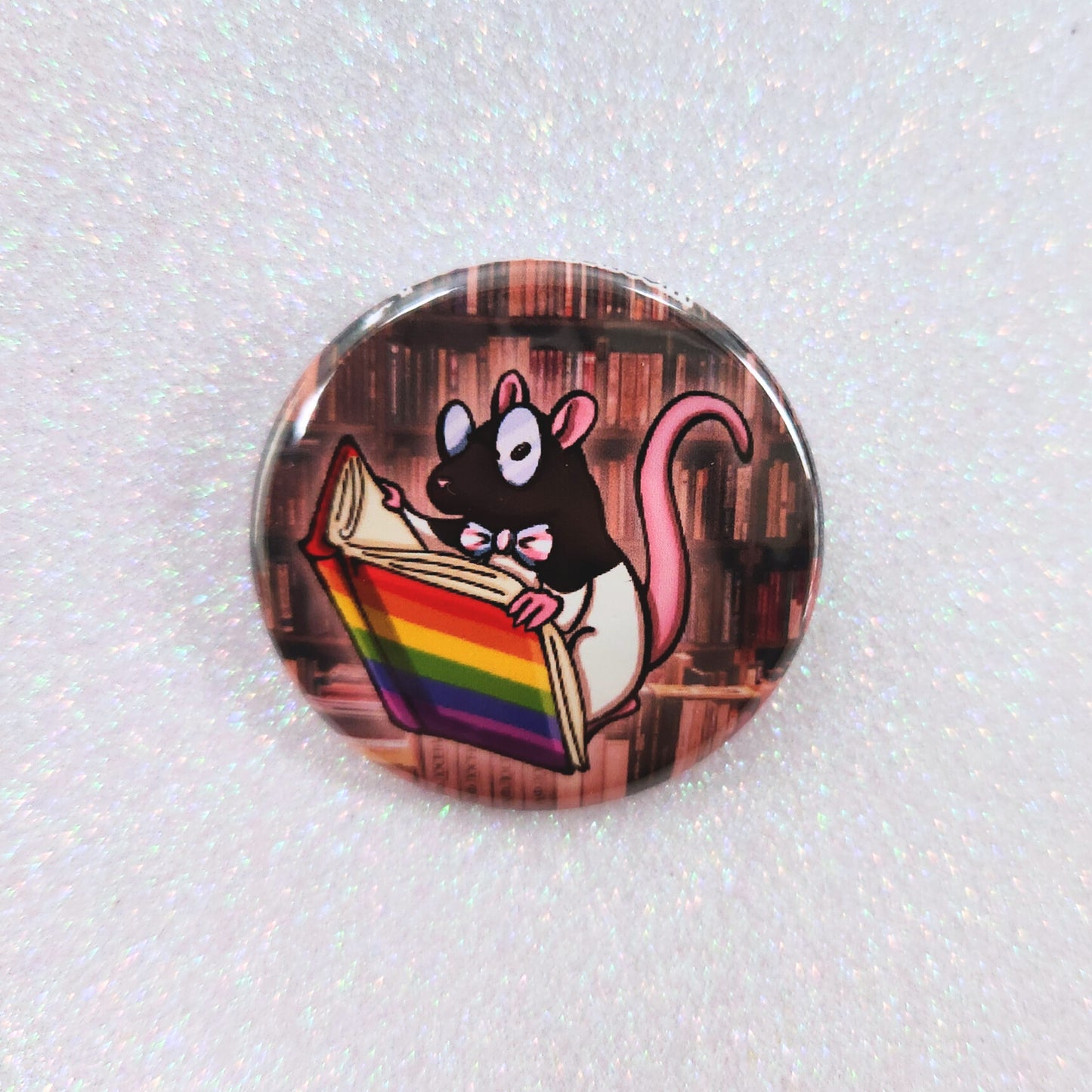 Library Rat Pinback Button, Queer Rat with Rainbow Book and Trans Bowtie
