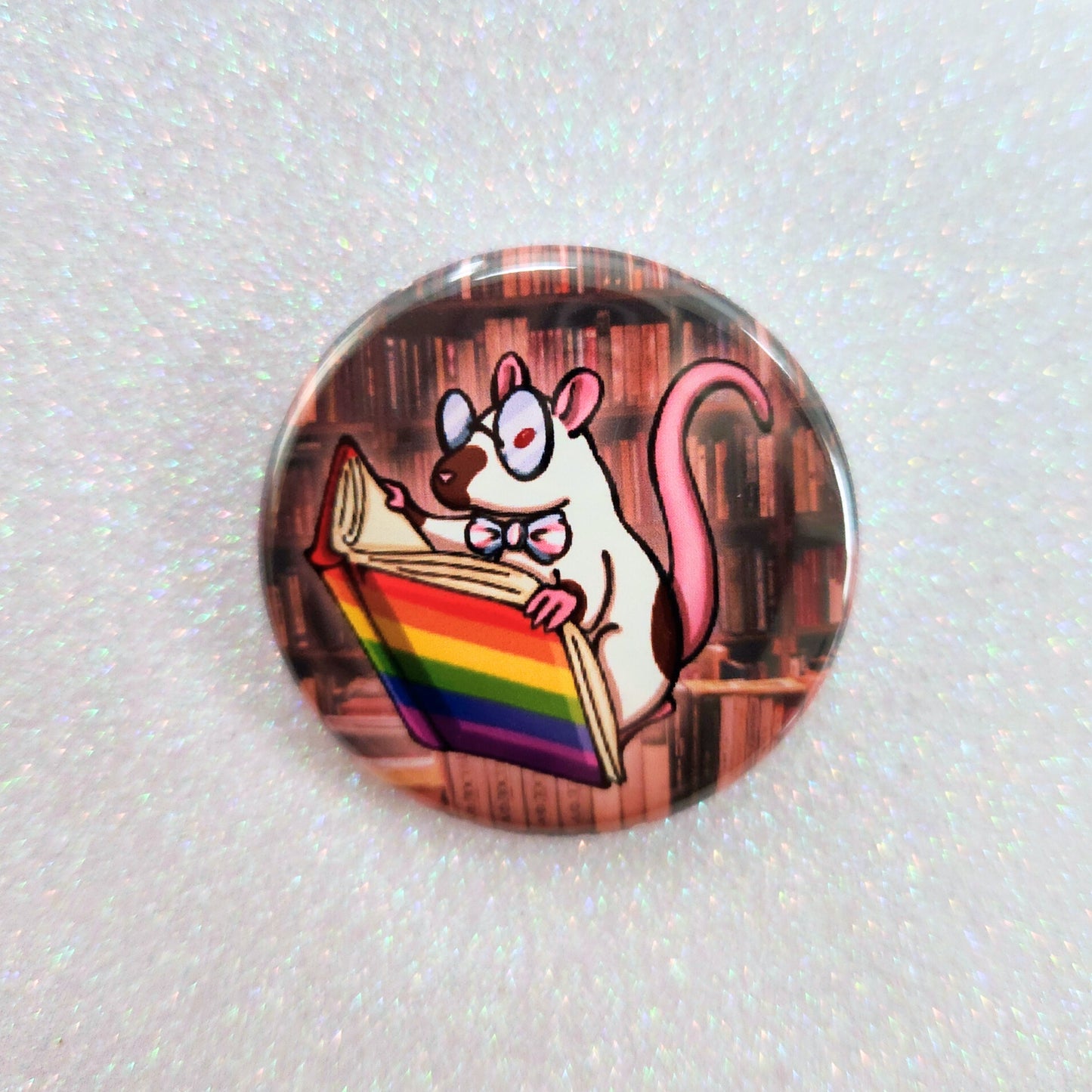 Library Rat Pinback Button, Queer Rat with Rainbow Book and Trans Bowtie