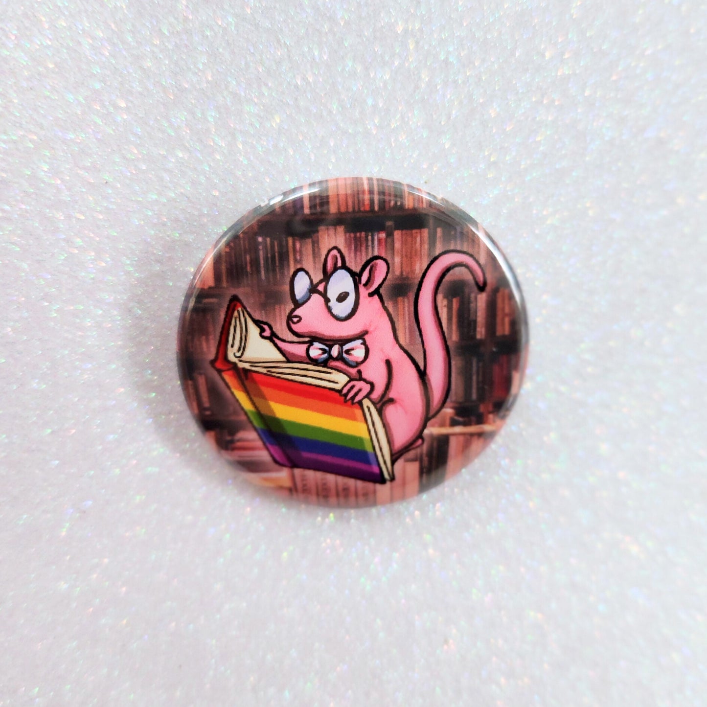 Library Rat Pinback Button, Queer Rat with Rainbow Book and Trans Bowtie