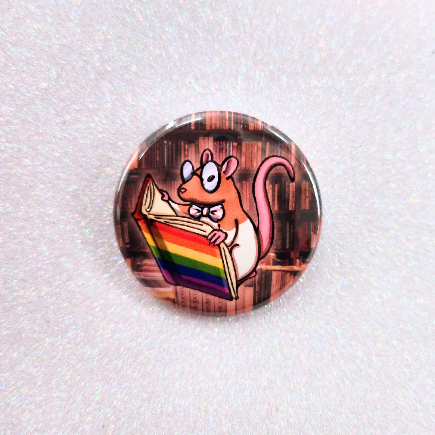 Library Rat Pinback Button, Queer Rat with Rainbow Book and Trans Bowtie