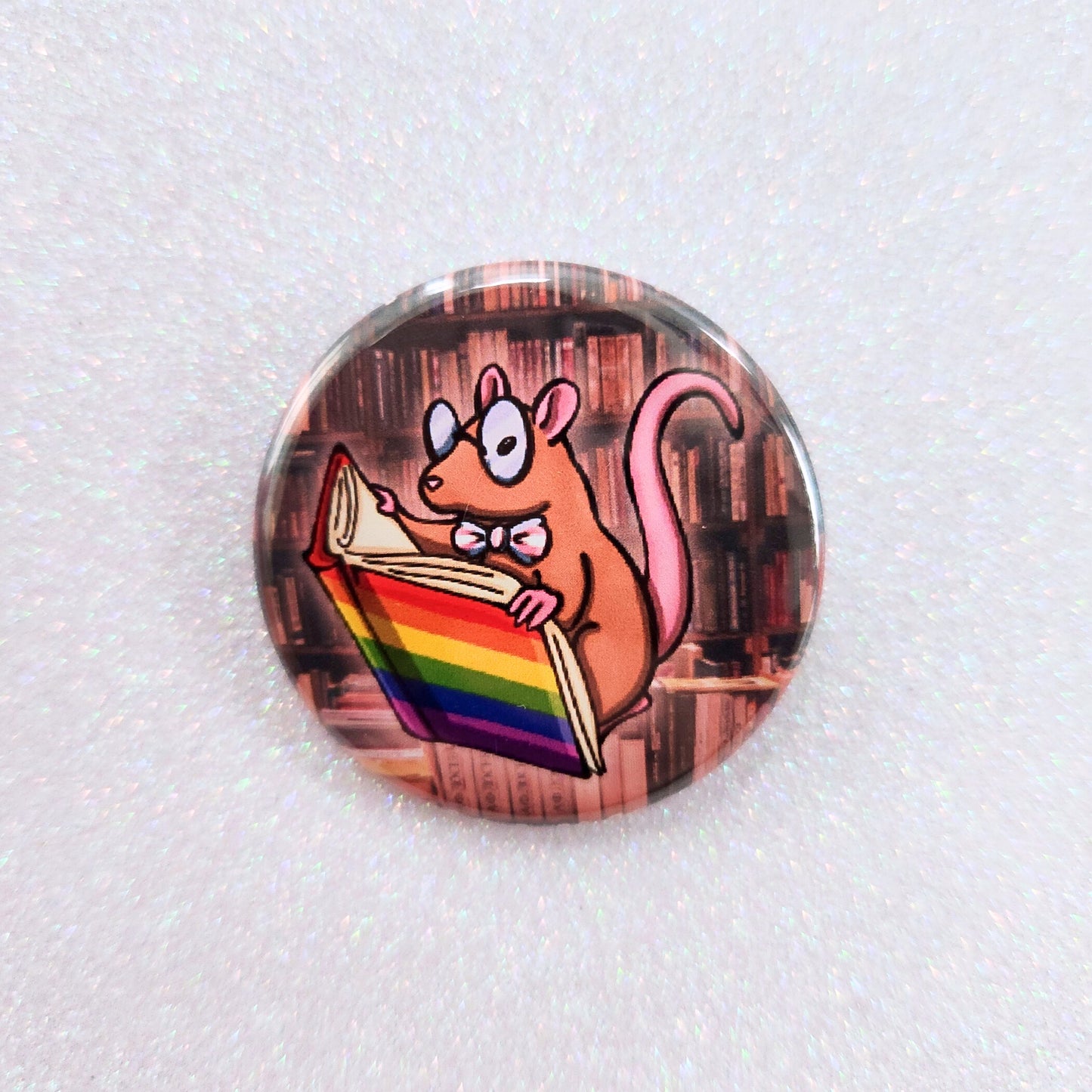 Library Rat Pinback Button, Queer Rat with Rainbow Book and Trans Bowtie
